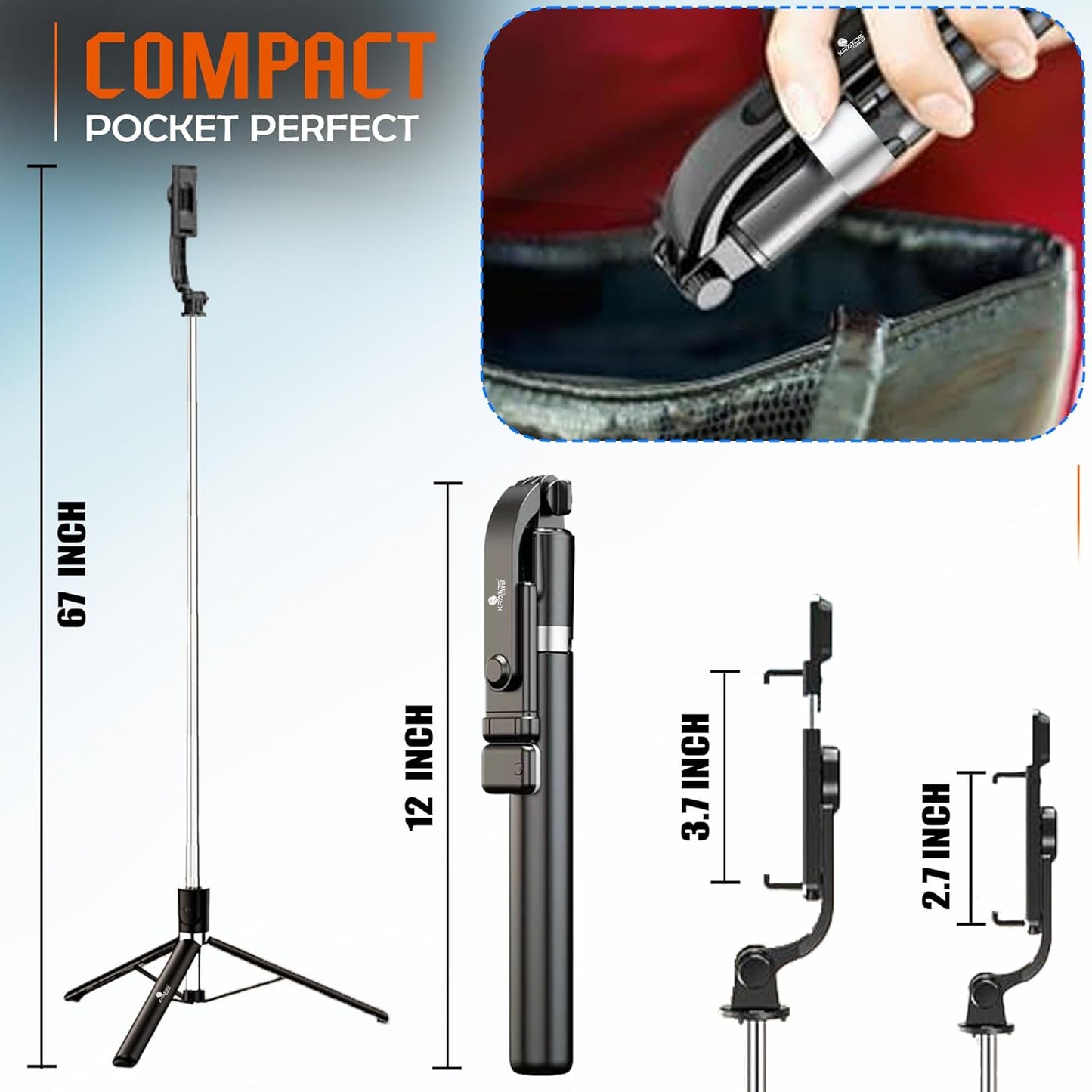 Kratos K9 Selfie Stick Tripod With Light, 67 inch /170CM Reinforced Tripod for Mobile Phone, Multi-Functional Bluetooth Long Selfie Stick for Travel,Vlogging,Compatible with iPhone and All Smartphones