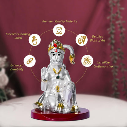 999 Silver Plated Lord Hanuman Ji Idol for Car Dashboard, Home Decor Showpiece, Puja|Religious Statue for Peace and Prosperity|Luxury Sculptures for Table Decor, Gift, Festival 6cmx6cmx9cm