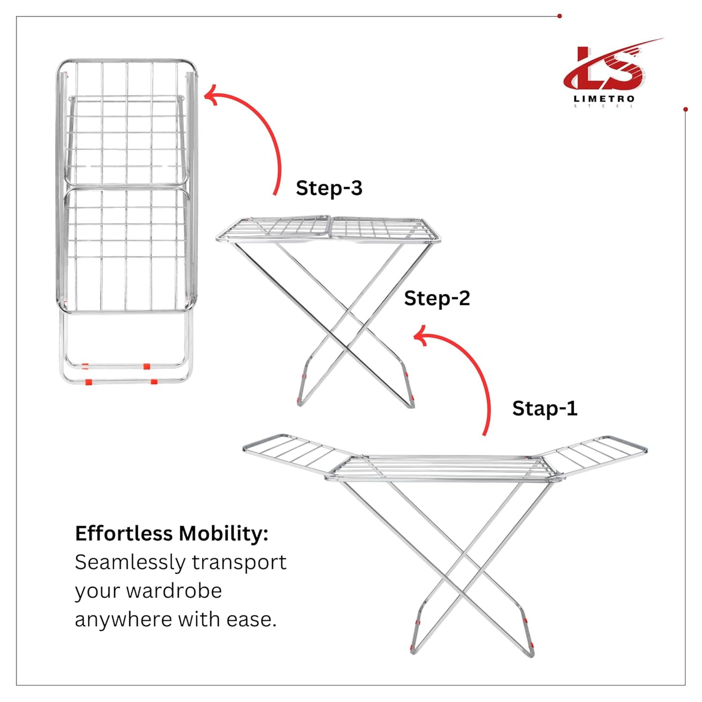 LiMETRO STEEL Stainless Steel Foldable Cloth Dryer Stand Double Rack Cloth Stands for Drying Clothes Steel (Cross), 120x54x4 cm