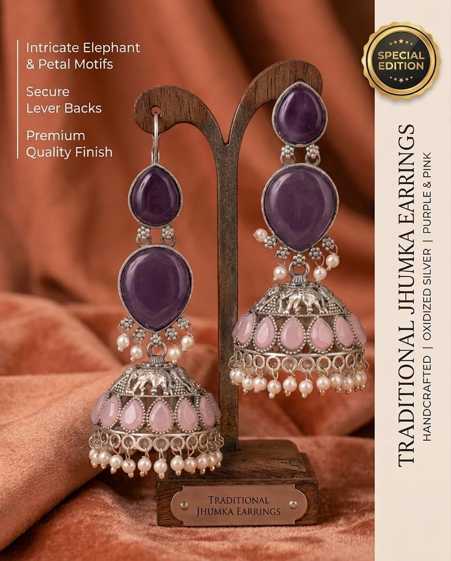 Oxidised Silver Jhumka Earrings with Purple Stones, Pink Teardrop Accents and Pearl Drops