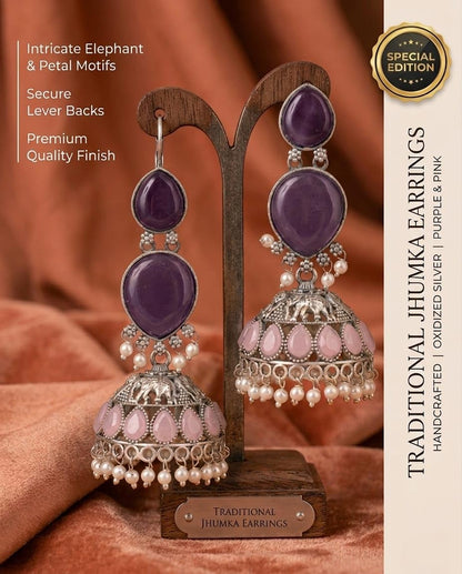 Oxidised Silver Jhumka Earrings with Purple Stones, Pink Teardrop Accents and Pearl Drops