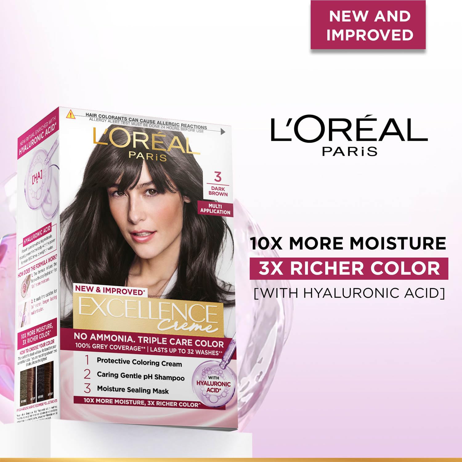 L'Oréal Paris Permanent Hair Colour, Radiant At-Home Hair Colour with up to 100% Grey Coverage, Pro-Keratin, Up to 8 Weeks of Colour, Excellence Crème, 3 Natural Darkest Brown, 72ml+100g