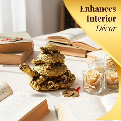 GJ Polyresin Feng Shui 3 Tortoise with 2 Lucky Coins for Good Luck & Wealth | Three Turtle Vastu Showpiece for Home Decor | House Warming & Shop Opening Gift