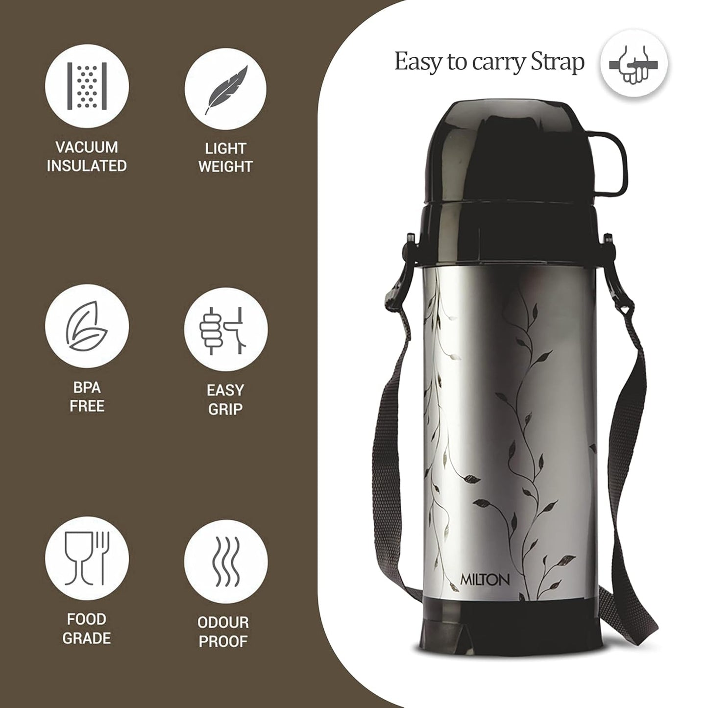 Milton Eiffel 1000 Vacuum Insulated Thermos Flask with Strap to Carry, 910 ml, Long Hours Hot & Cold Water Bottle for Office, Hiking, Trekking, Travel, Black