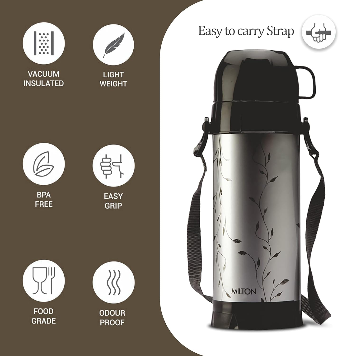 Milton Eiffel 1000 Vacuum Insulated Thermos Flask with Strap to Carry, 910 ml, Long Hours Hot & Cold Water Bottle for Office, Hiking, Trekking, Travel, Black