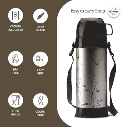 Milton Eiffel 1000 Vacuum Insulated Thermos Flask with Strap to Carry, 910 ml, Long Hours Hot & Cold Water Bottle for Office, Hiking, Trekking, Travel, Black