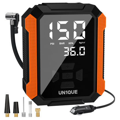 UN1QUE Tyre Inflator for Car, 150PSI Car Air Pump, 12V DC Portable Air Compressor for Tyre, Fast Inflation Speed Inflator Pump with LED Light