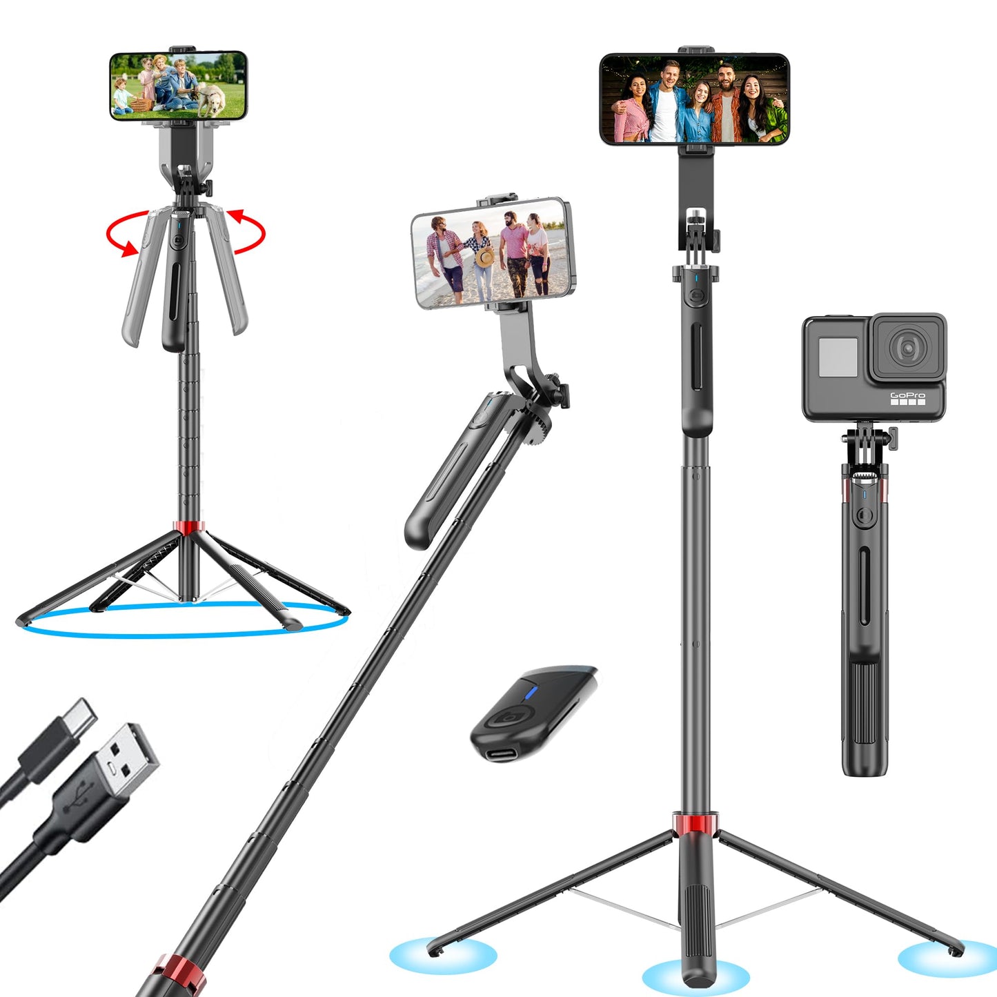 Kratos K9 Selfie Stick Tripod With Light, 67 inch /170CM Reinforced Tripod for Mobile Phone, Multi-Functional Bluetooth Long Selfie Stick for Travel,Vlogging,Compatible with iPhone and All Smartphones