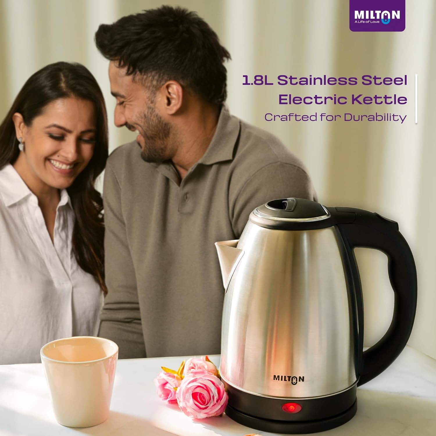 Milton Rapid Electric Kettle 1.8L | 1500 Watts | Stainless Steel Hot Water portable Electric Kettle for Home, Office | Auto Shut-Off with Wide Mouth | Cool-touch Handle and Single-Touch Lid Lock