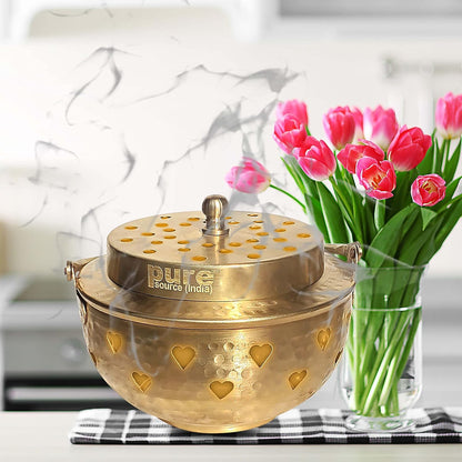 Pure Source India Brass Kapoor Dani, Aroma Diffuser, Bakhoor Dani, Incense Burner, Pack of 1(Star Cutting), Round