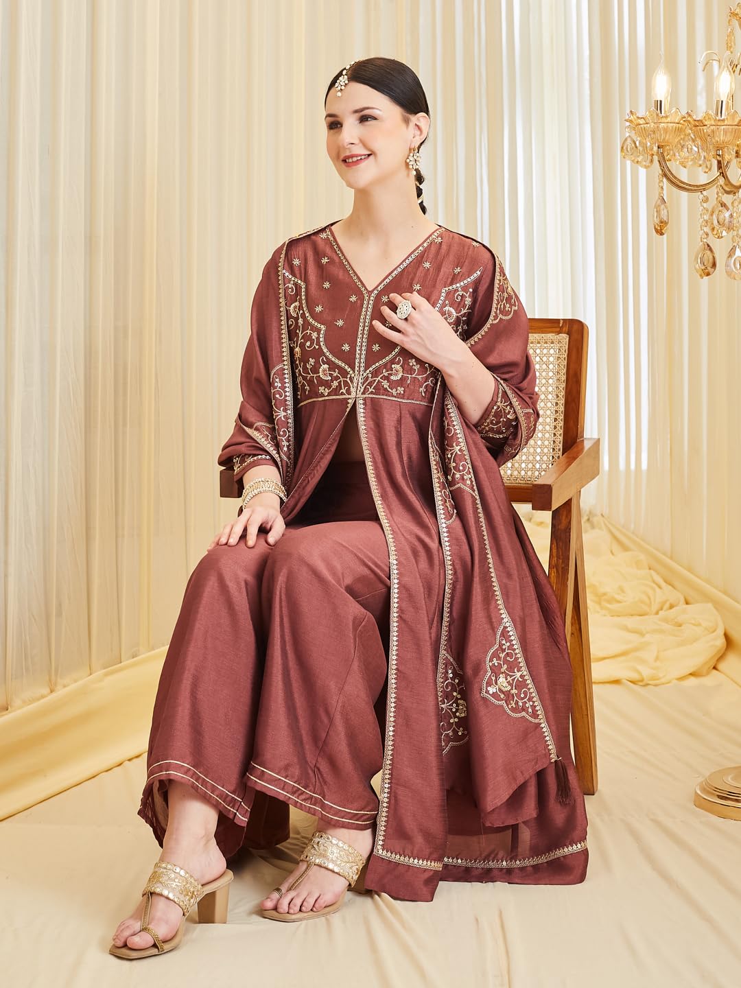 MOKOSH Women's Silk Embroidered Anarkali Kurta with Palazzo Set & Dupatta | Ethnic Handwork Kurta Set for Women | Daily, Office & Festive Traditional