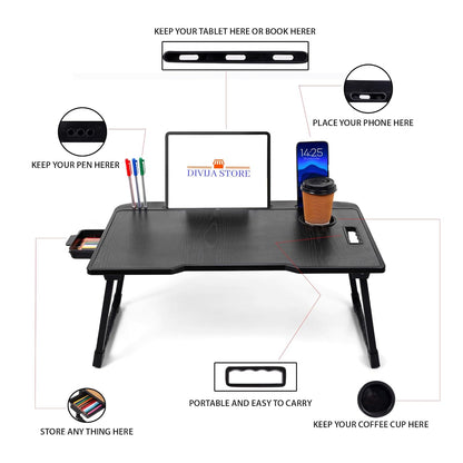 DIVIJA STORE Wood Smart Multipurpose Foldable Laptop Table with Cup Holder, Study Table, Bed Table, Breakfast Table, Foldable and Portable/Ergonomic & Rounded Edges/Non-Slip Legs (Black), 59 cm, 8 cm