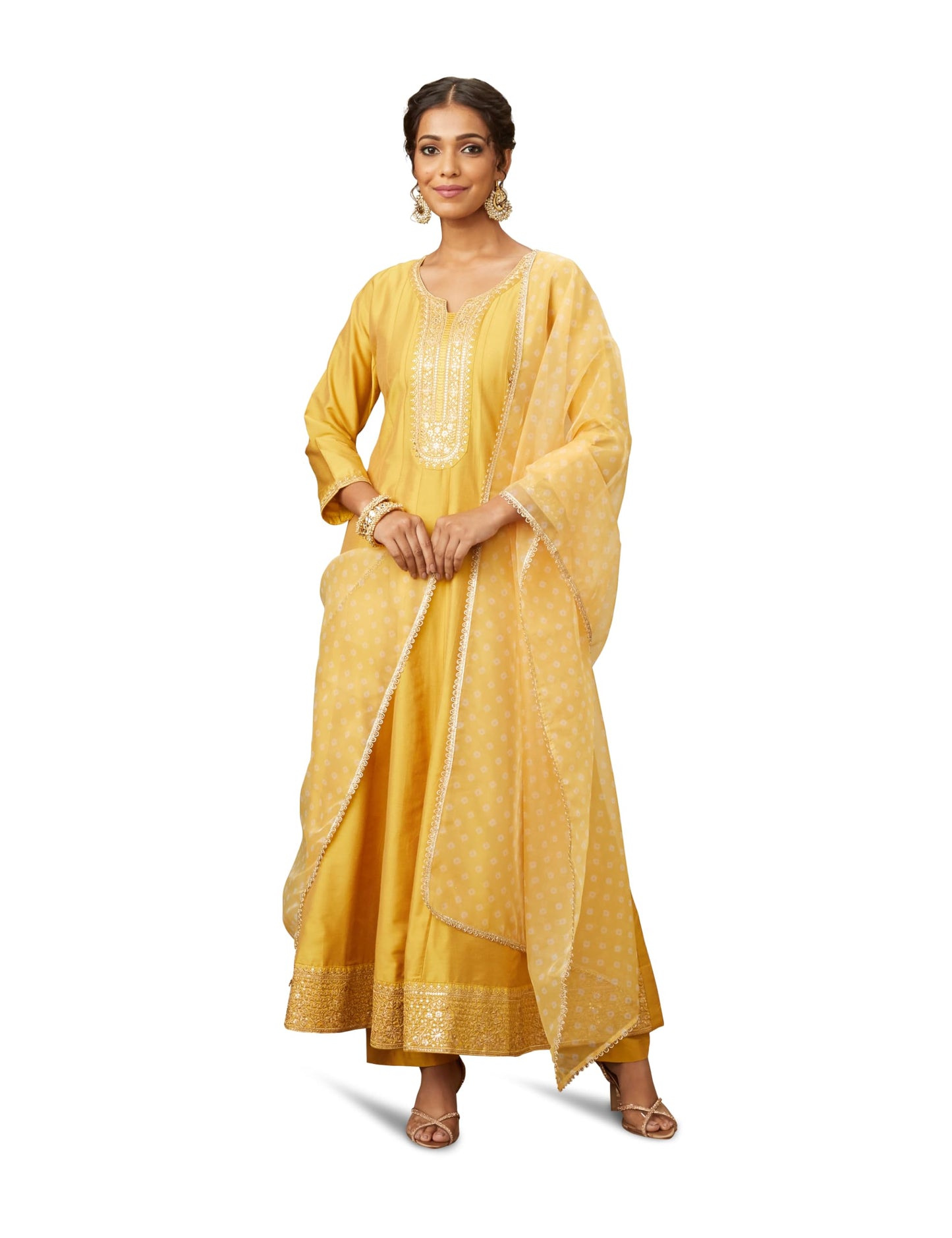 Amazon Brand - Myx Women's Embroidered Anarkali Kurta Pant Set with Organza Dupatta | A-line fit (Available in Plus Sizes)