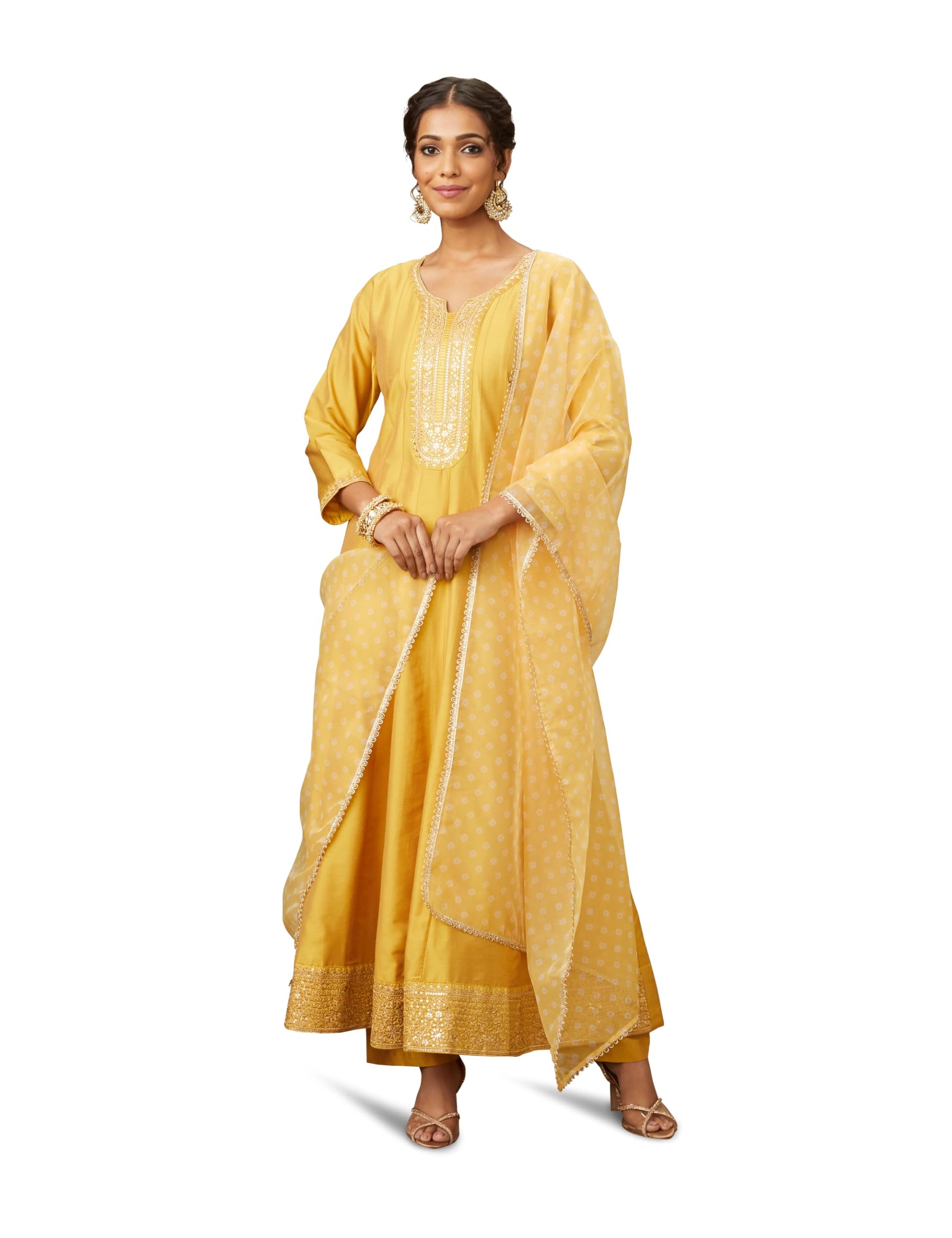 Amazon Brand - Myx Women's Embroidered Anarkali Kurta Pant Set with Organza Dupatta | A-line fit (Available in Plus Sizes)