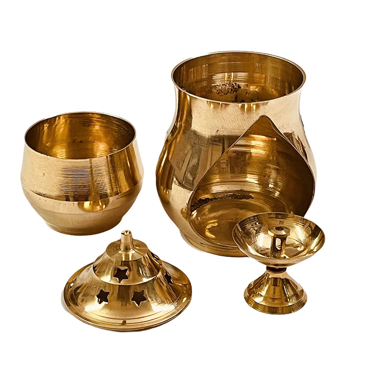 Brass Camphor Aroma Incense Burner Lamp Aroma Lamp Oil Burner Oil Diffuser with Diya (8.5cm x 8.5cm x 16cm)