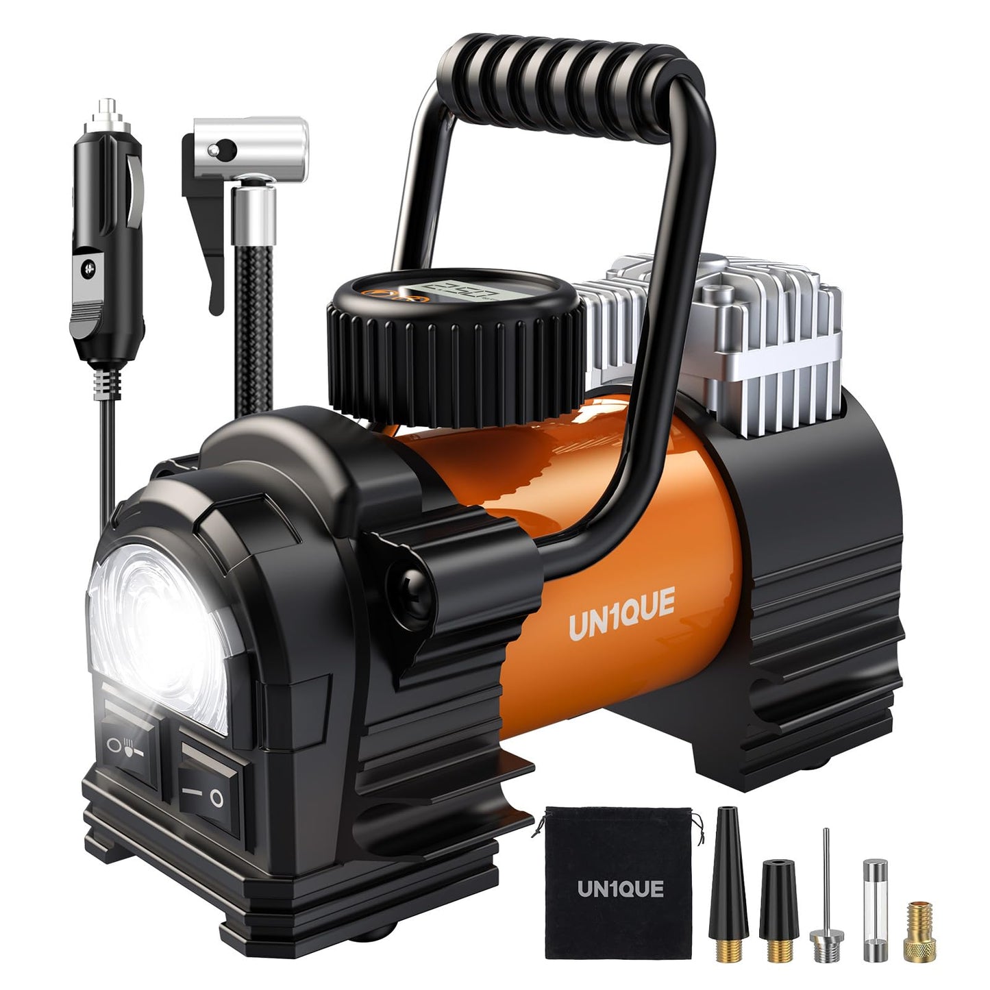 UN1QUE Tyre Inflator for Car, 150PSI Car Air Pump, 12V DC Portable Air Compressor for Tyre, Fast Inflation Speed Inflator Pump with LED Light