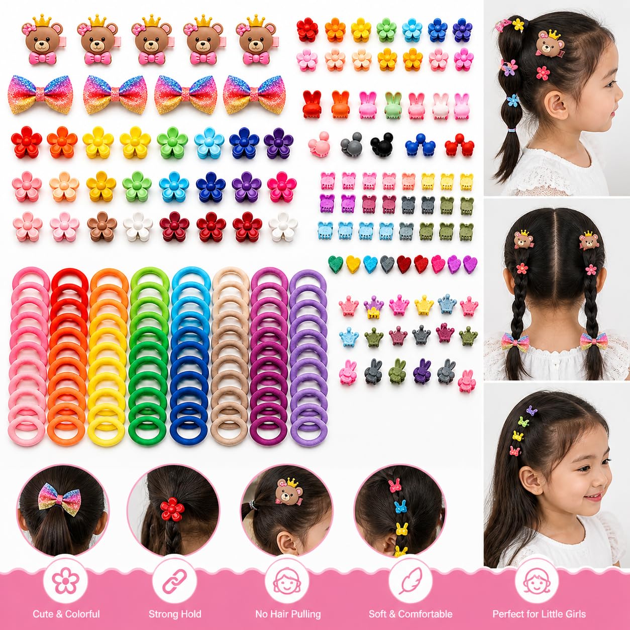 160 Pcs Baby Girl Hair Accessories Combo – 20 Mini Hair Clips, 10 Cute Cartoon Fruit Clips & 100 Soft Elastic & 30 Mini Elastic | Hair Ties | Multicolor Hair Bands & Hair Pins Set for Infants, Toddlers & Kids (0–5 Years) | TheStoreVibe