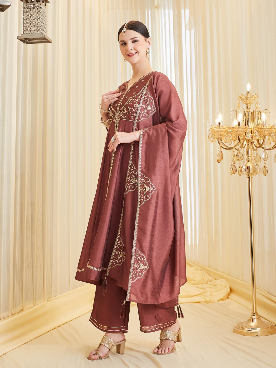 MOKOSH Women's Silk Embroidered Anarkali Kurta with Palazzo Set & Dupatta | Ethnic Handwork Kurta Set for Women | Daily, Office & Festive Traditional