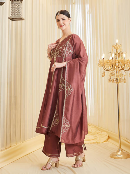 MOKOSH Women's Silk Embroidered Anarkali Kurta with Palazzo Set & Dupatta | Ethnic Handwork Kurta Set for Women | Daily, Office & Festive Traditional