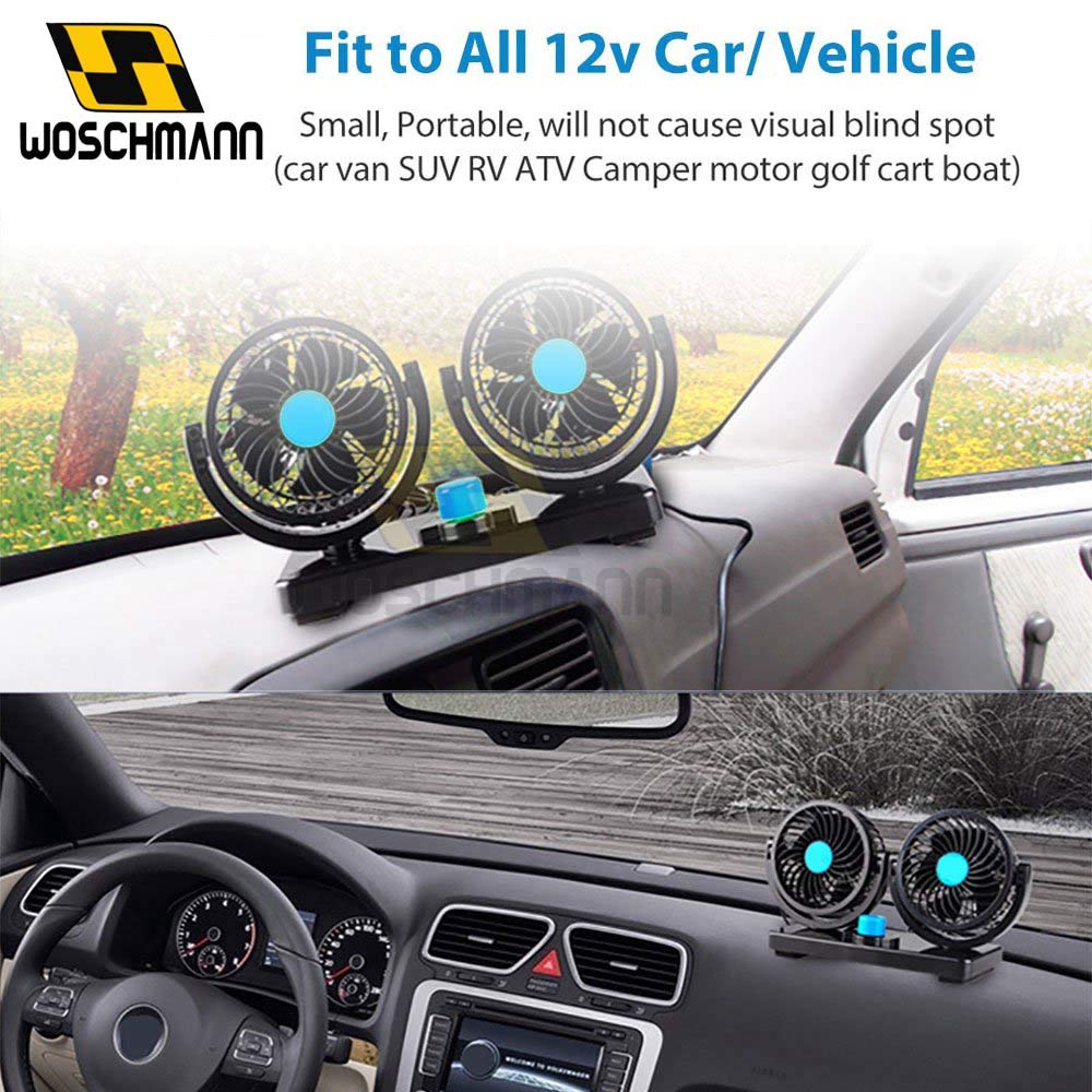 Woschmann Mitchell 12V DC Electric Car Fan for Dashboard, Double Head Cooling Electric Fan, 360 Degree Rotatable Small Fan for Car with 2 Speed Control, ABS Plastic, Dashboard Fan