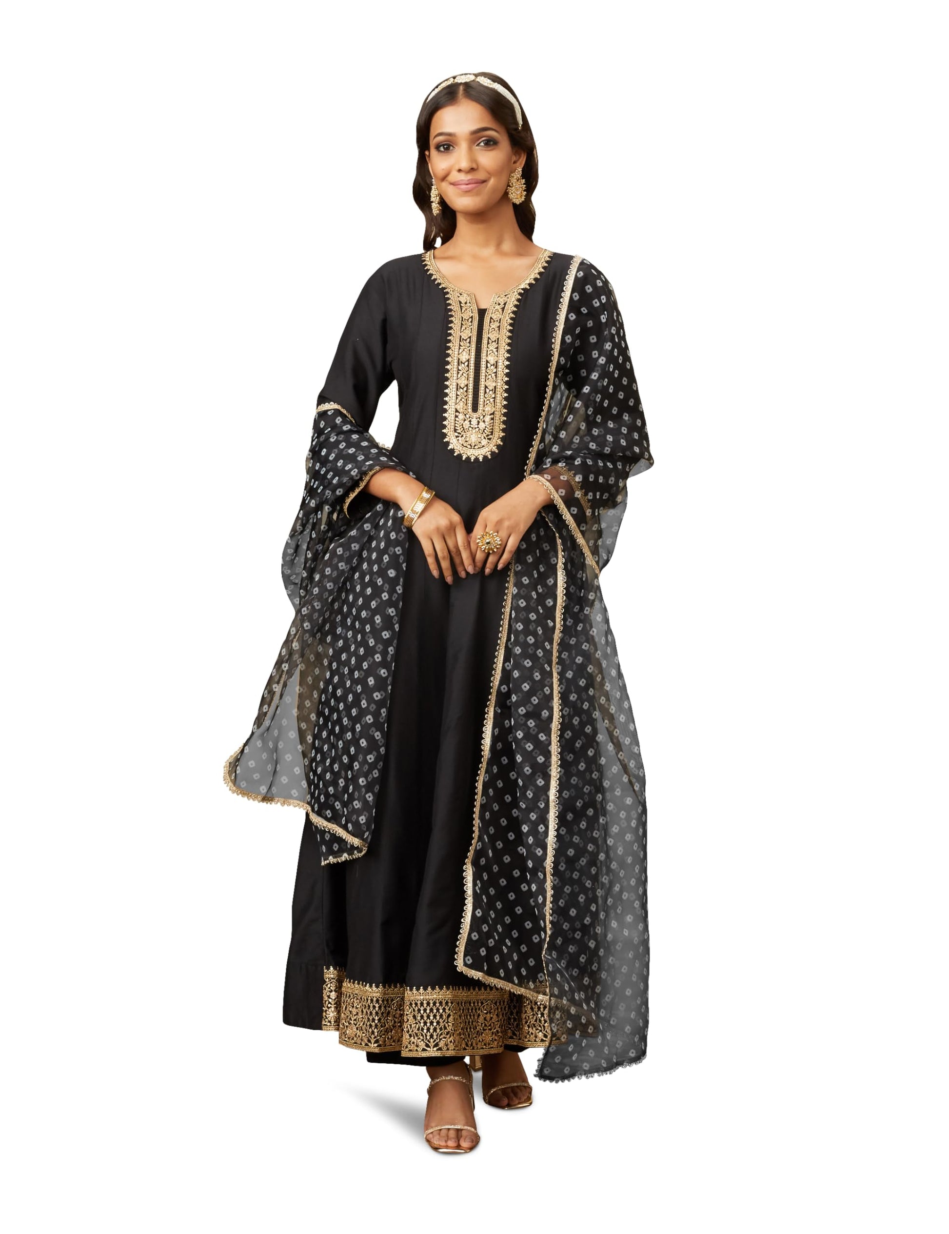 Amazon Brand - Myx Women's Embroidered Anarkali Kurta Pant Set with Organza Dupatta | A-line fit (Available in Plus Sizes)