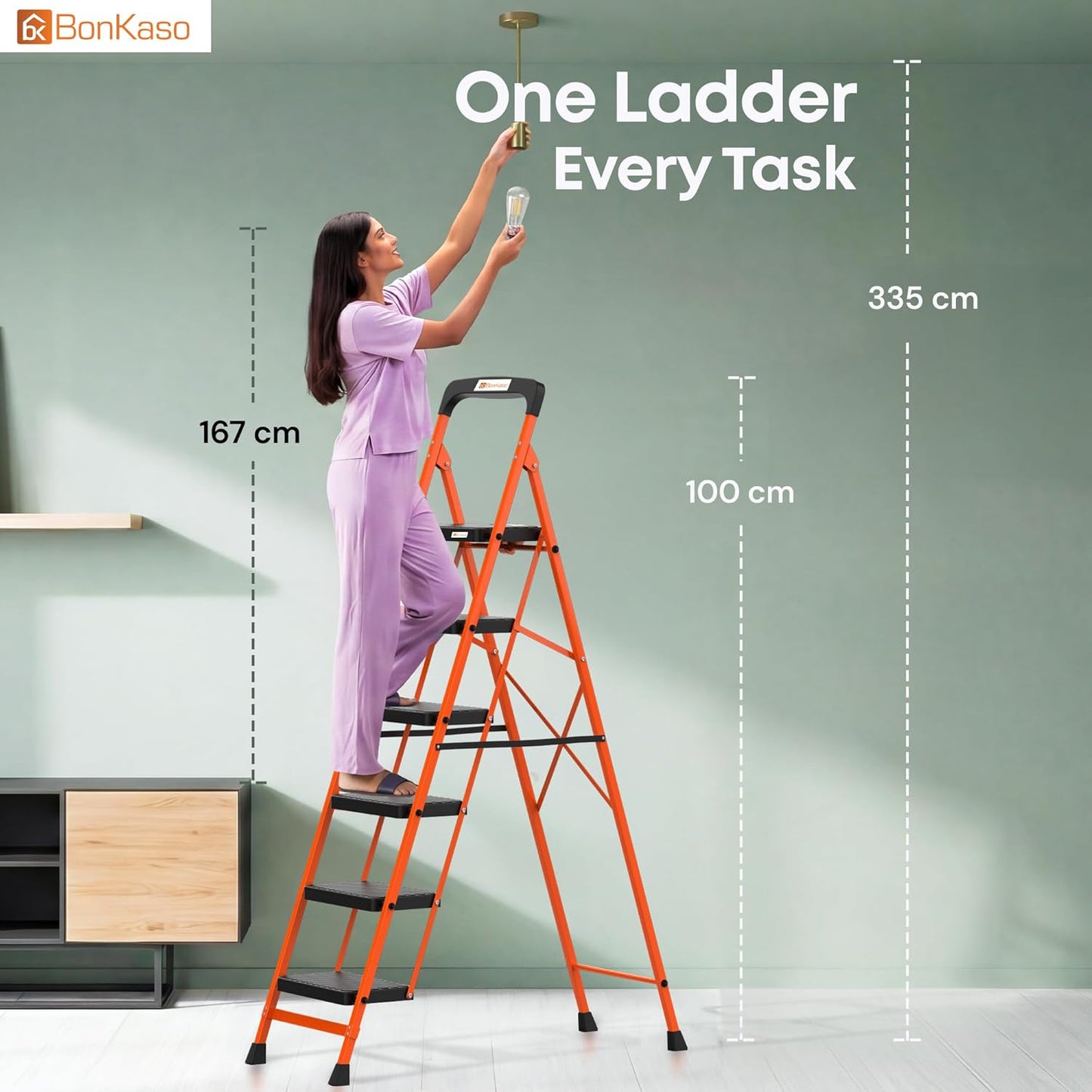 BonKaso Climb Easy 6 Step Heavy Duty Foldable Steel Kitchen Ladder for Home, Office & Outdoor Use with Anti-Slip Wide Steps, Support Handle & Tool Tray (Orange & Black)