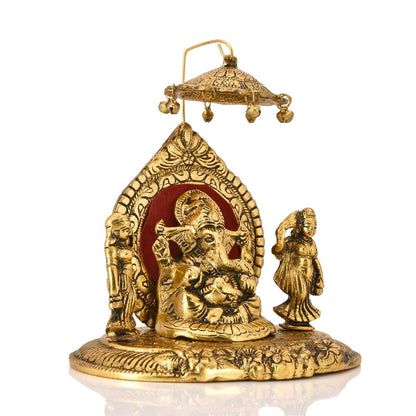 Collectible India Metal Lord Ganesha Riddhi Siddhi Chhatra Statue God Ganesh Ganpati Sitting Idol Sculpture Good Luck & Success for Home Gifts Decor(Size: 7.5 x 6 Inches)