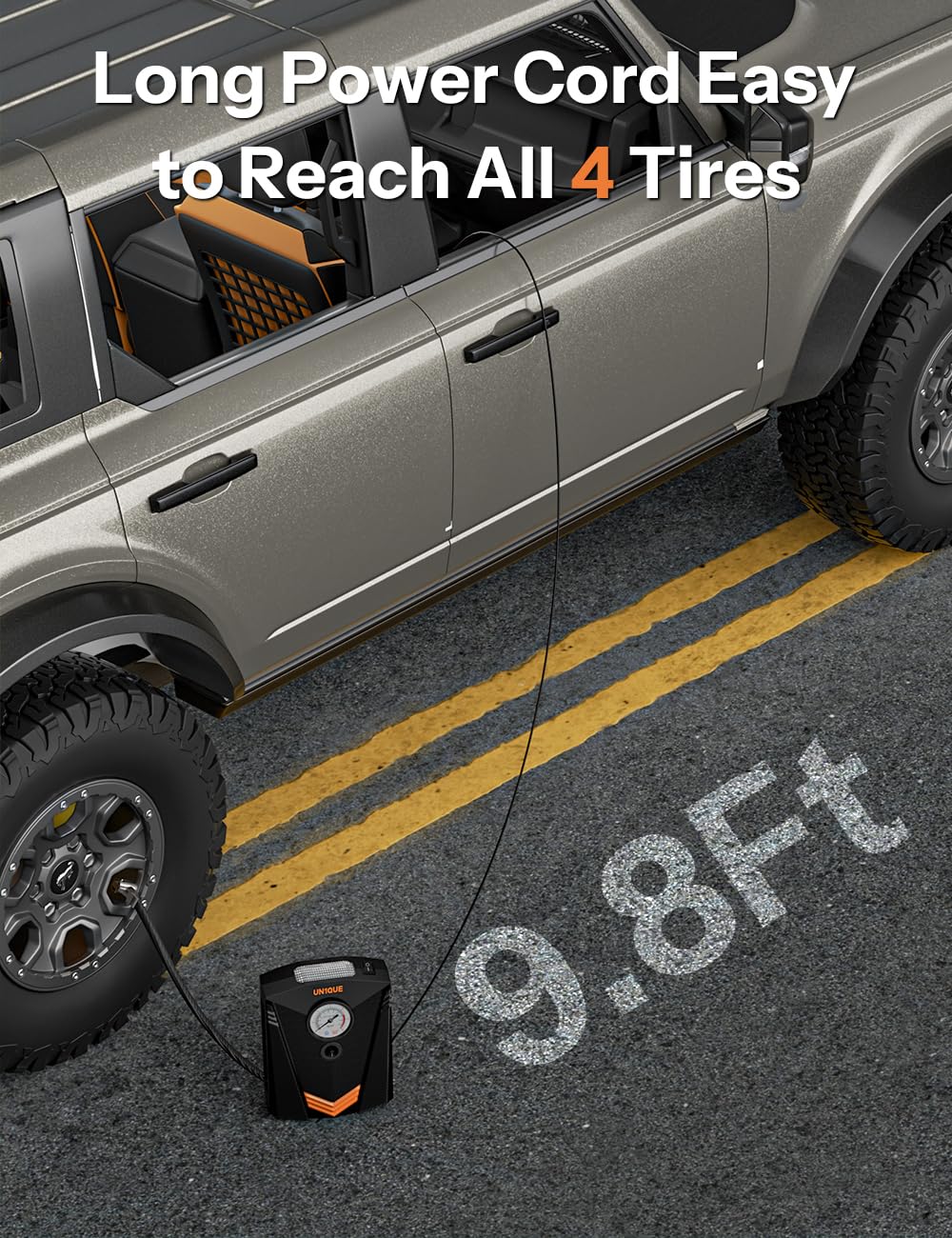 UN1QUE Tyre Inflator for Car, 150PSI Car Air Pump, 12V DC Portable Air Compressor for Tyre, Fast Inflation Speed Inflator Pump with LED Light