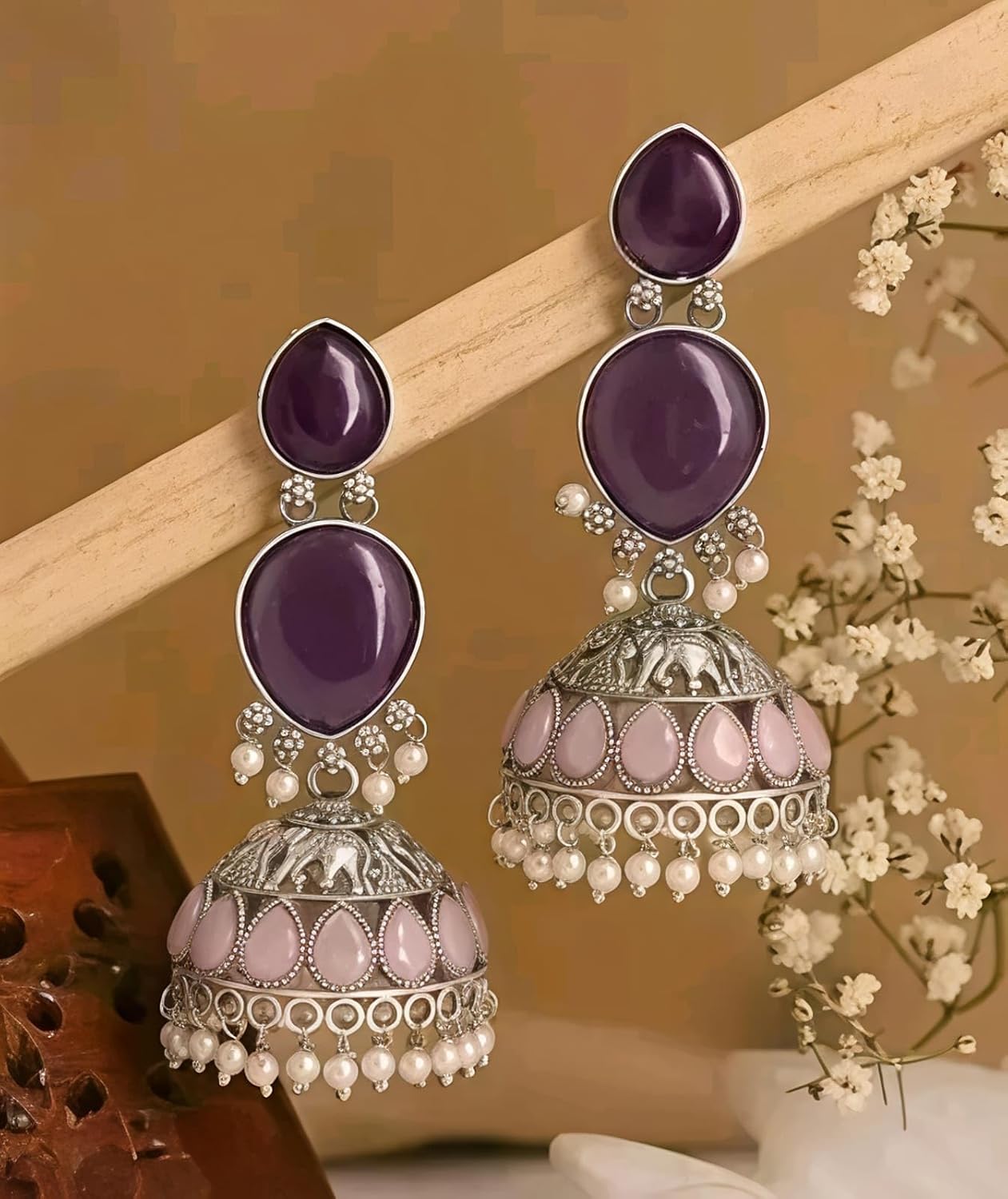 Oxidised Silver Jhumka Earrings with Purple Stones, Pink Teardrop Accents and Pearl Drops
