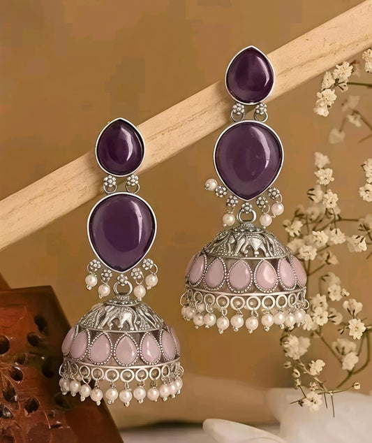 Oxidised Silver Jhumka Earrings with Purple Stones, Pink Teardrop Accents and Pearl Drops