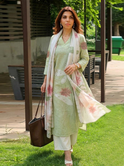GoSriKi Women Cotton Blend Straight Fit Printed Kurta Pant Dupatta Set | V Neck Three Quarter Sleeve Ensemble | Soft Breathable Fabric | Comfortable Elegant Styling for Office Casual Wear