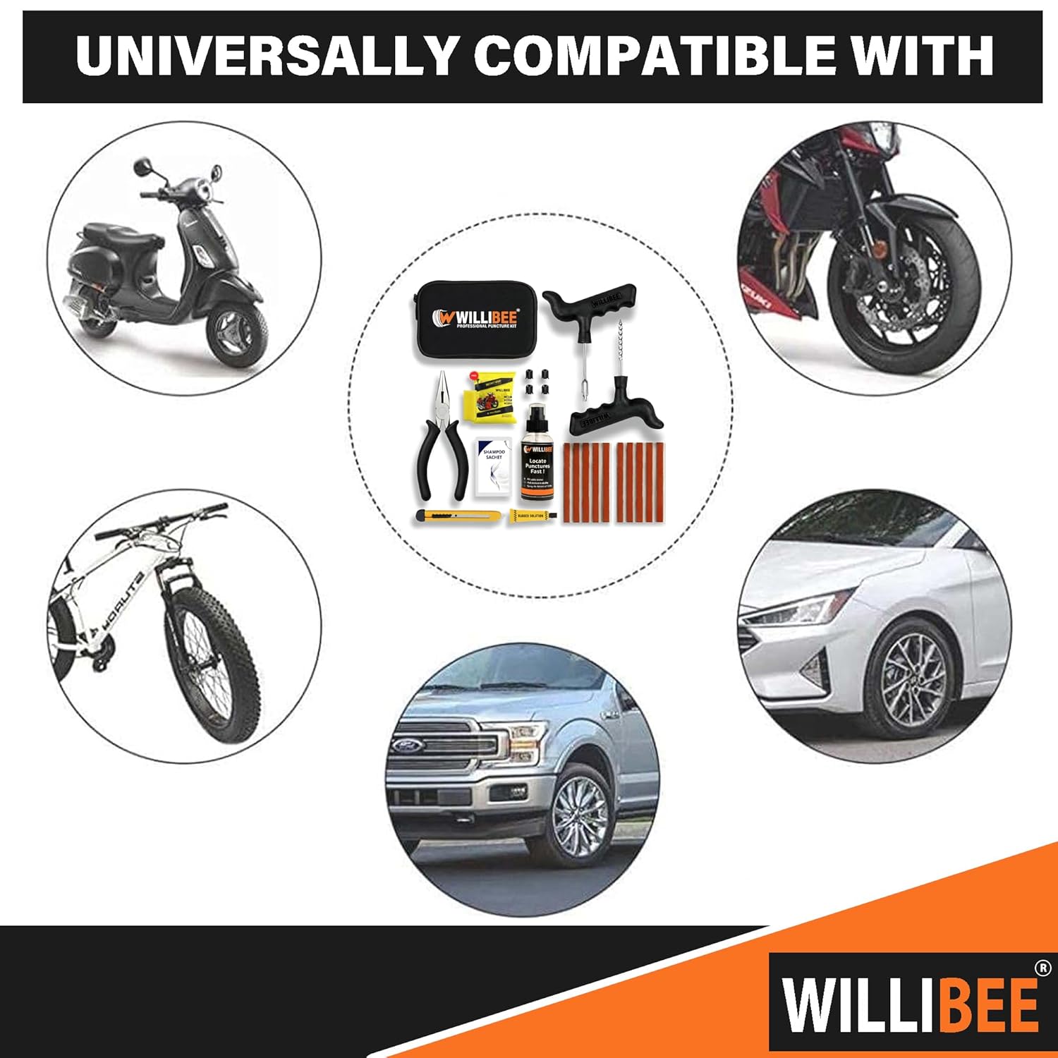WILLIBEE 11-in-1 (Pack of 10 Strips) Tubeless Tyre Puncture Repair Kit for Car & Bike | Heavy-Duty Puncher Kit (Includes Storage Bag)