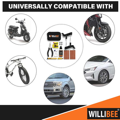WILLIBEE 11-in-1 (Pack of 10 Strips) Tubeless Tyre Puncture Repair Kit for Car & Bike | Heavy-Duty Puncher Kit (Includes Storage Bag)