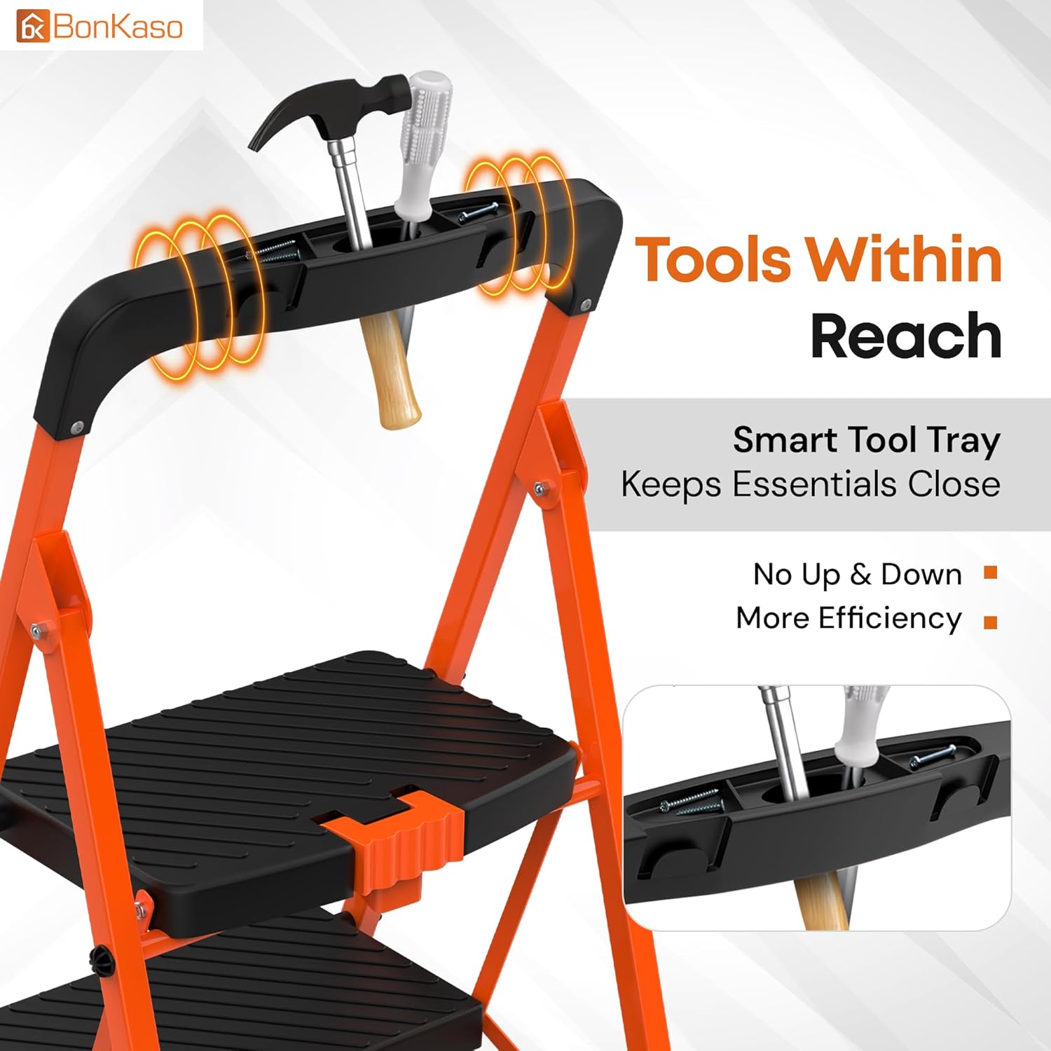BonKaso Climb Easy 6 Step Heavy Duty Foldable Steel Kitchen Ladder for Home, Office & Outdoor Use with Anti-Slip Wide Steps, Support Handle & Tool Tray (Orange & Black)