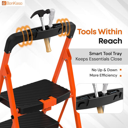 BonKaso Climb Easy 6 Step Heavy Duty Foldable Steel Kitchen Ladder for Home, Office & Outdoor Use with Anti-Slip Wide Steps, Support Handle & Tool Tray (Orange & Black)