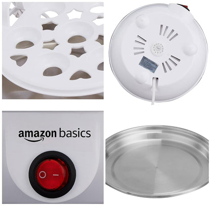 amazon basics Electric Egg Boiler | 350 Watt | Boils Upto 7 Eggs | Automatic Operation, 3 Boiling Modes | Overheat Protection | Stainless Steel Heating Plate, Measuring Cup | 75ml | Plastic | White