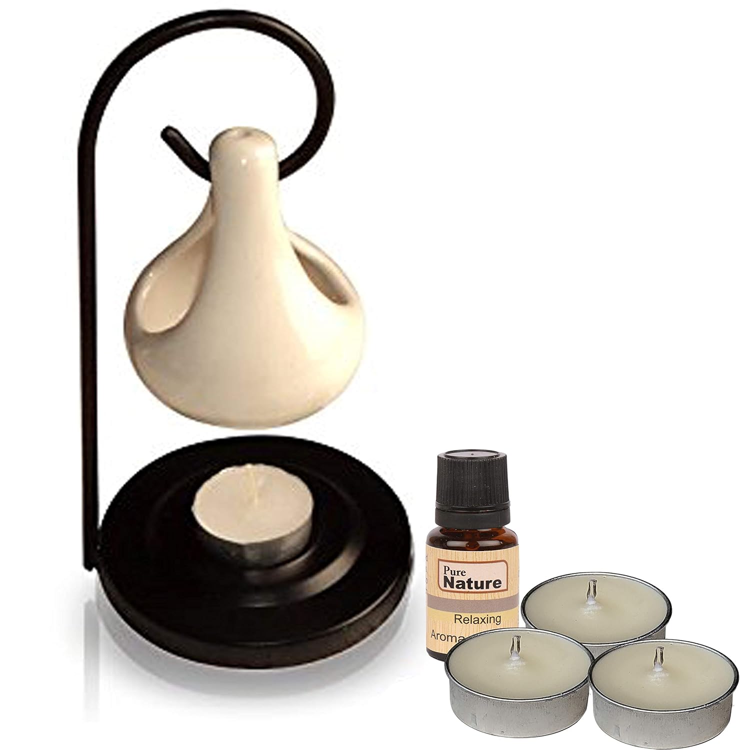 Pure Source India Porcelain Relaxing Fragrance Aroma Set with 10 ml Aroma Oil and 4 Tea Light Candles (White)