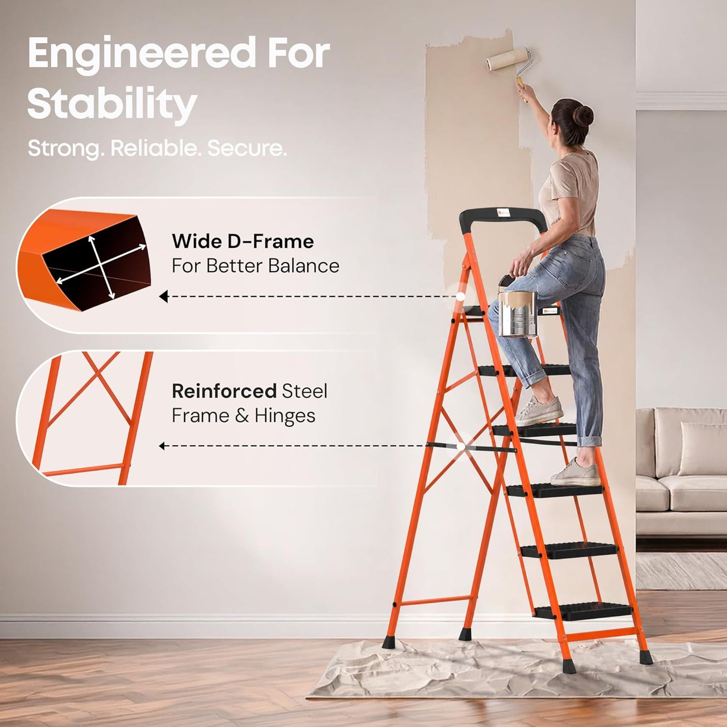 BonKaso Climb Easy 6 Step Heavy Duty Foldable Steel Kitchen Ladder for Home, Office & Outdoor Use with Anti-Slip Wide Steps, Support Handle & Tool Tray (Orange & Black)