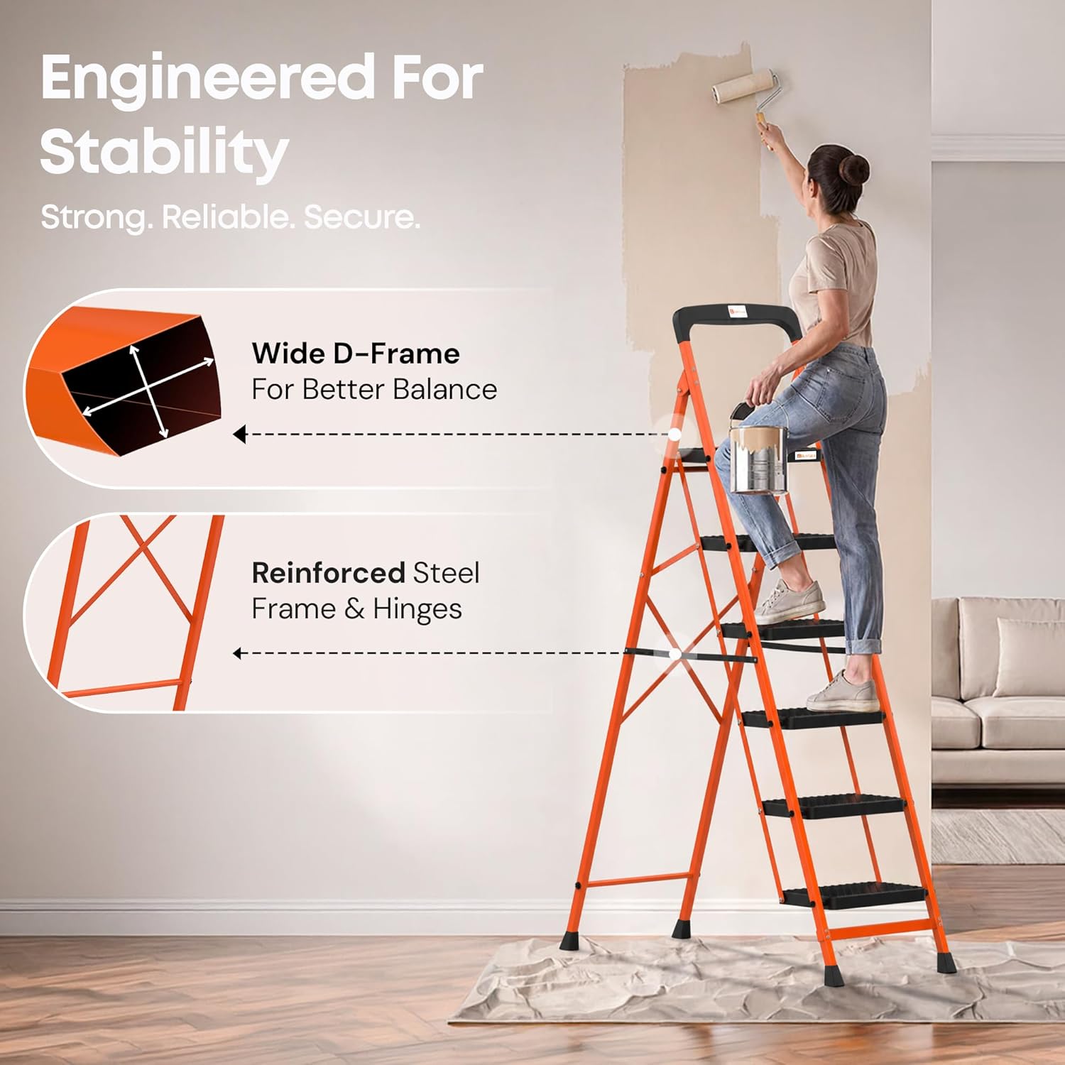 BonKaso Climb Easy 6 Step Heavy Duty Foldable Steel Kitchen Ladder for Home, Office & Outdoor Use with Anti-Slip Wide Steps, Support Handle & Tool Tray (Orange & Black)