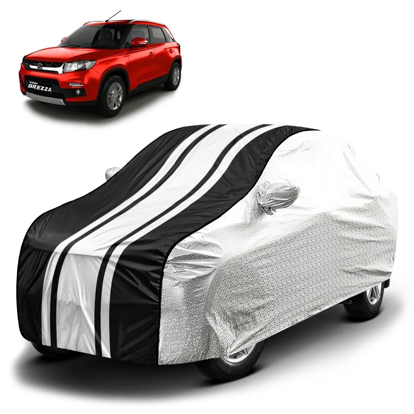FABTEC Waterproof Premium Car Cover for Maruti Brezza Super Waterproof Car Body Cover Heavy Duty Durable PEVA Grey with Red Piping