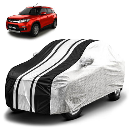 FABTEC Waterproof Premium Car Cover for Maruti Brezza Super Waterproof Car Body Cover Heavy Duty Durable PEVA Grey with Red Piping
