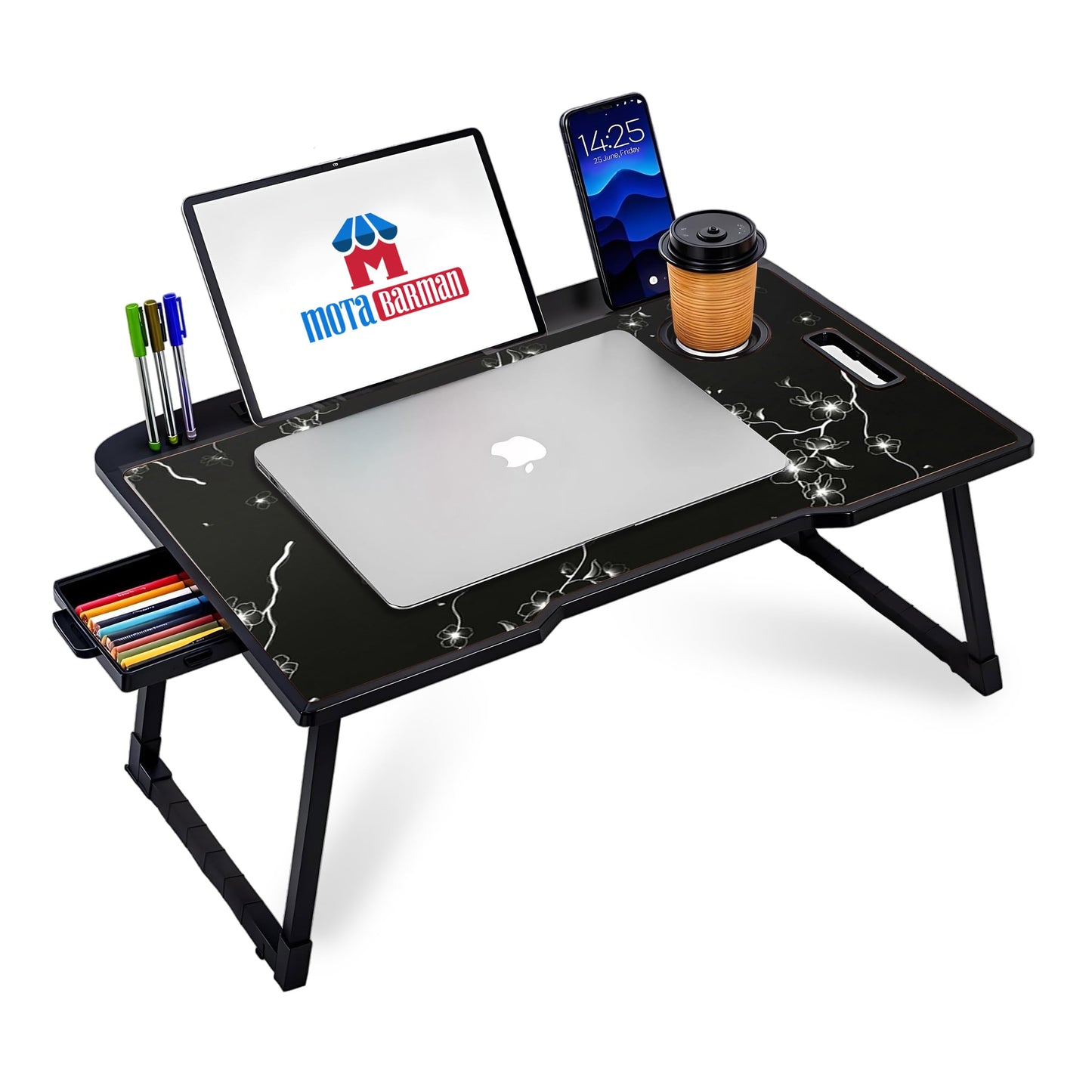 DIVIJA STORE Wood Smart Multipurpose Foldable Laptop Table with Cup Holder, Study Table, Bed Table, Breakfast Table, Foldable and Portable/Ergonomic & Rounded Edges/Non-Slip Legs (Black), 59 cm, 8 cm