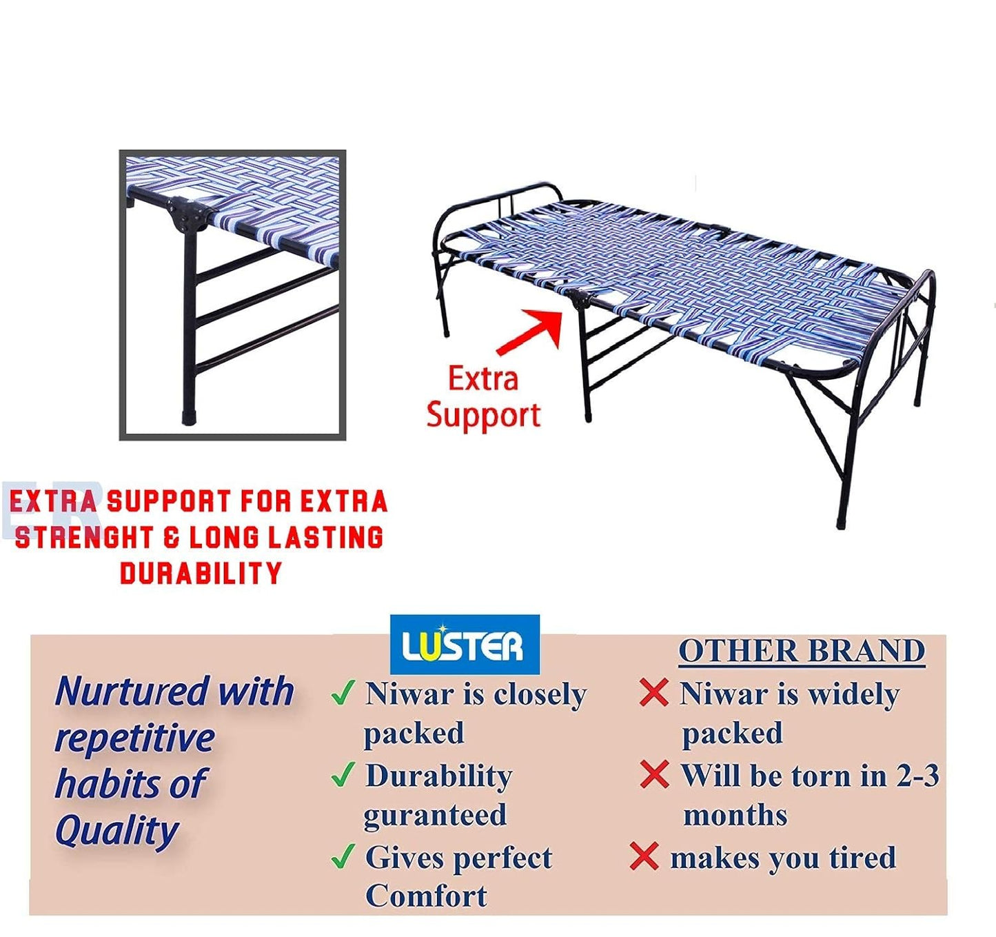 LUSTER Single Person Bed for Indoor & Outdoor Use, Lightweight, Comfortable, Design Holds Adults, Men, Women Kids Up to 310 Kgs (Blue Niwar Bed)
