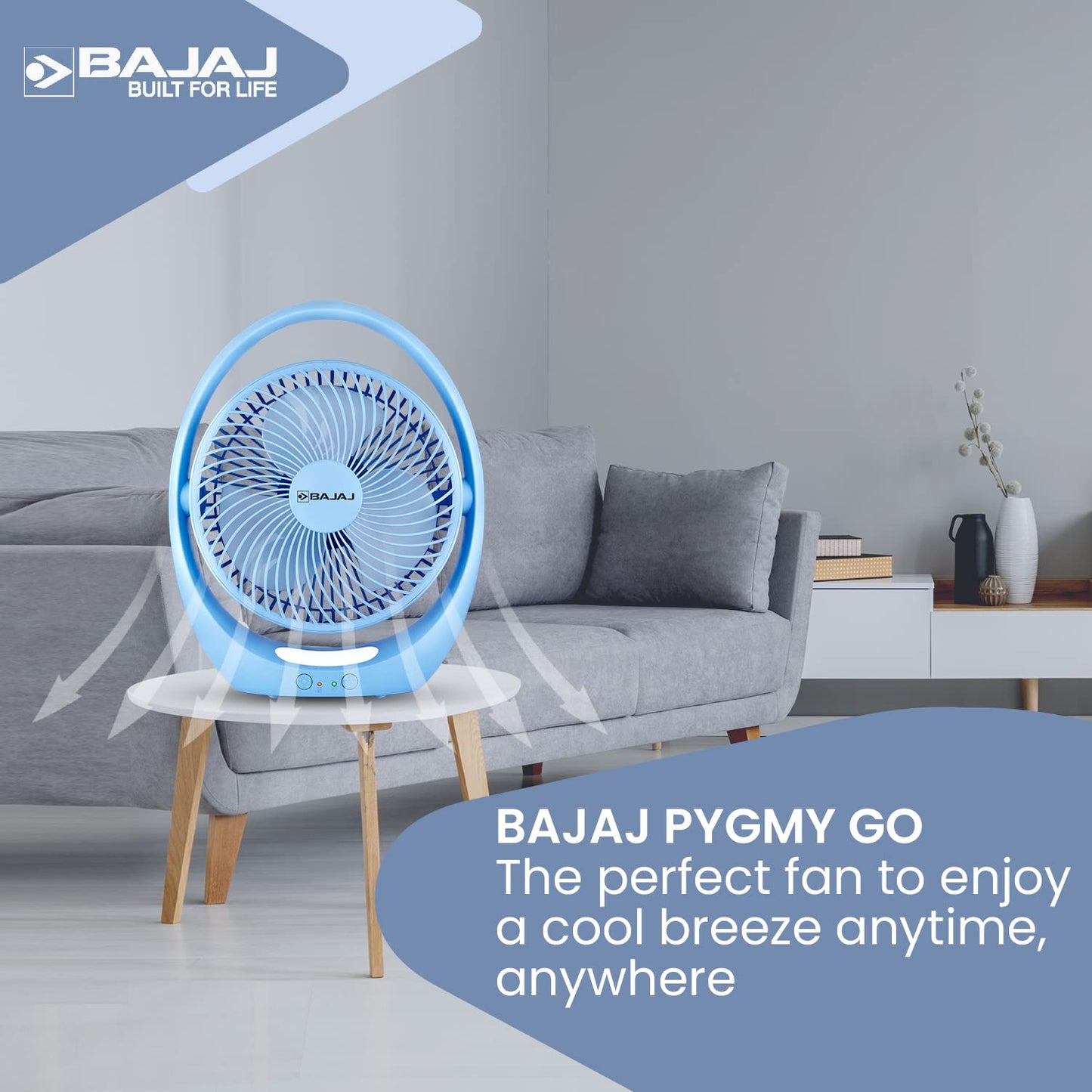 Bajaj Pygmy Go 178MM Mini Fan with LED Lighting | Rechargeable | USB Charging | 4-hours Battery Backup | 3 Speed | 2-Light Brightness Setting | High Speed | Portable【Blue】