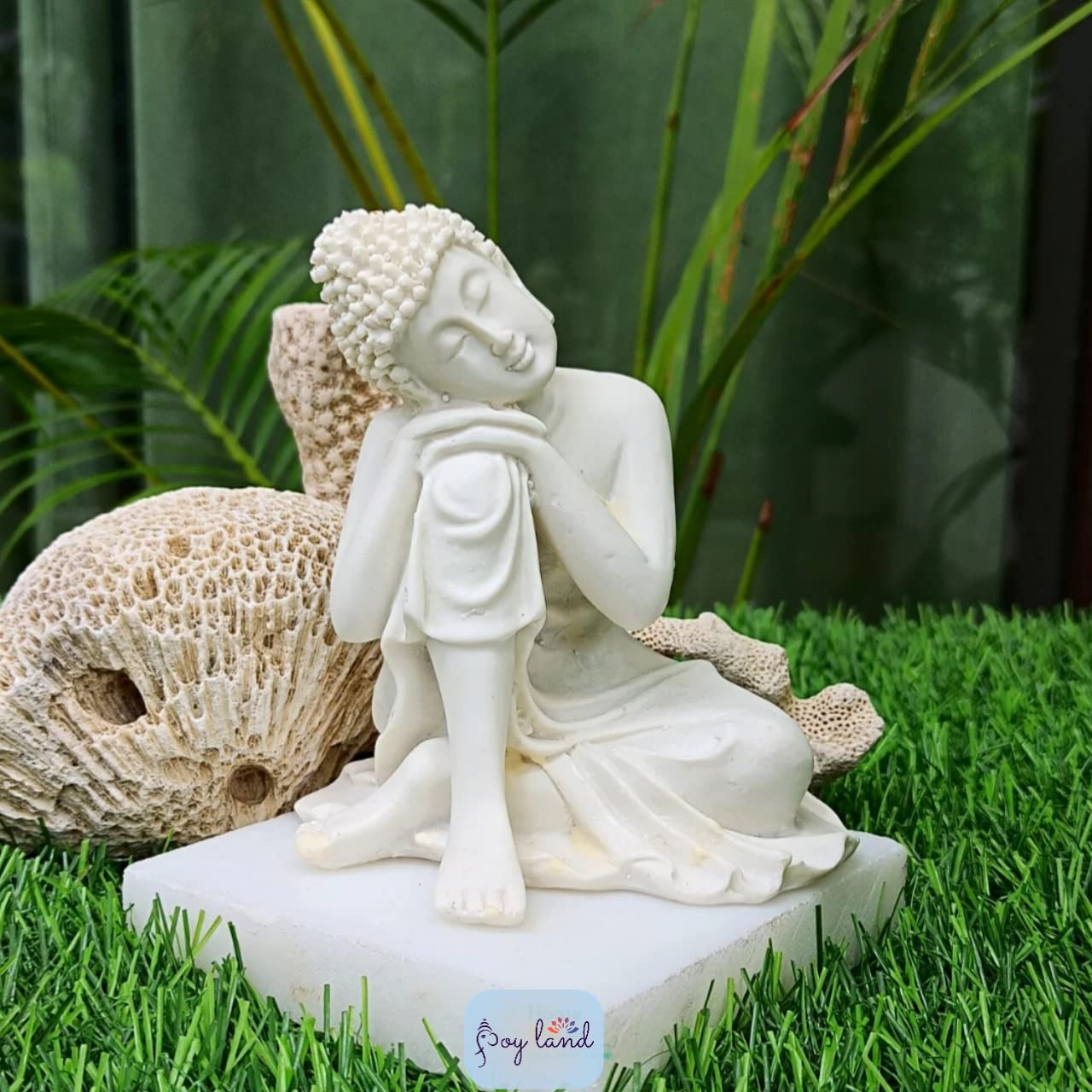 JOY LAND Gift Items Premium Rare Handcrafted Polymarble Statue Lord Figurine/Idol (White Polymarble Thinking Buddha)