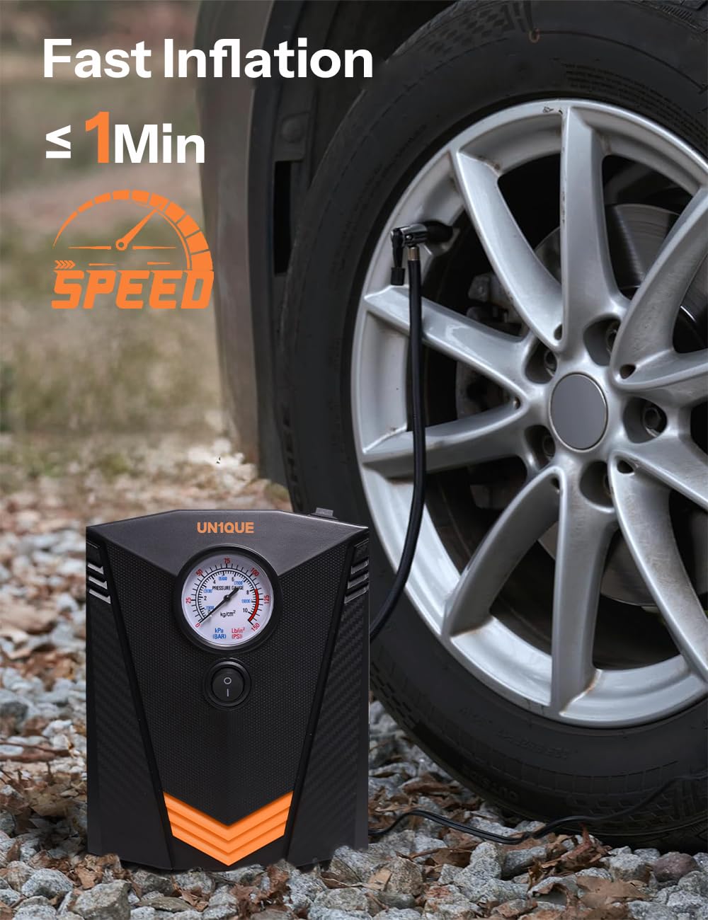 UN1QUE Tyre Inflator for Car, 150PSI Car Air Pump, 12V DC Portable Air Compressor for Tyre, Fast Inflation Speed Inflator Pump with LED Light