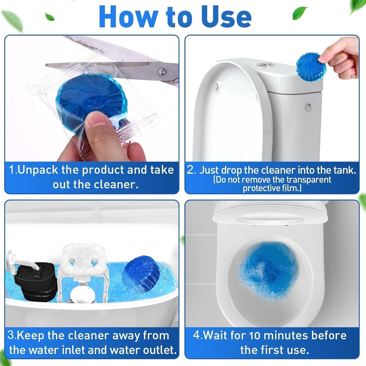 Automatic Flush Toilet Bowl Cleaner Tablets, Bathroom Toilet Tank Cleaner, Powerful Cleaning Ball Blue Deep Clean Bubbles, Mild Lemon Scent (10)