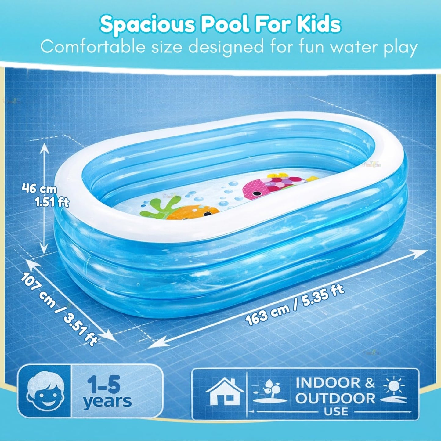 Toy Imagine 6.5 ft Inflatable Family Swimming Pool for Kids & Adults | Rectangular Pool with Electric Pump | Thick PVC | Multi-Use: Pool, Ball Pit, Bathtub & More