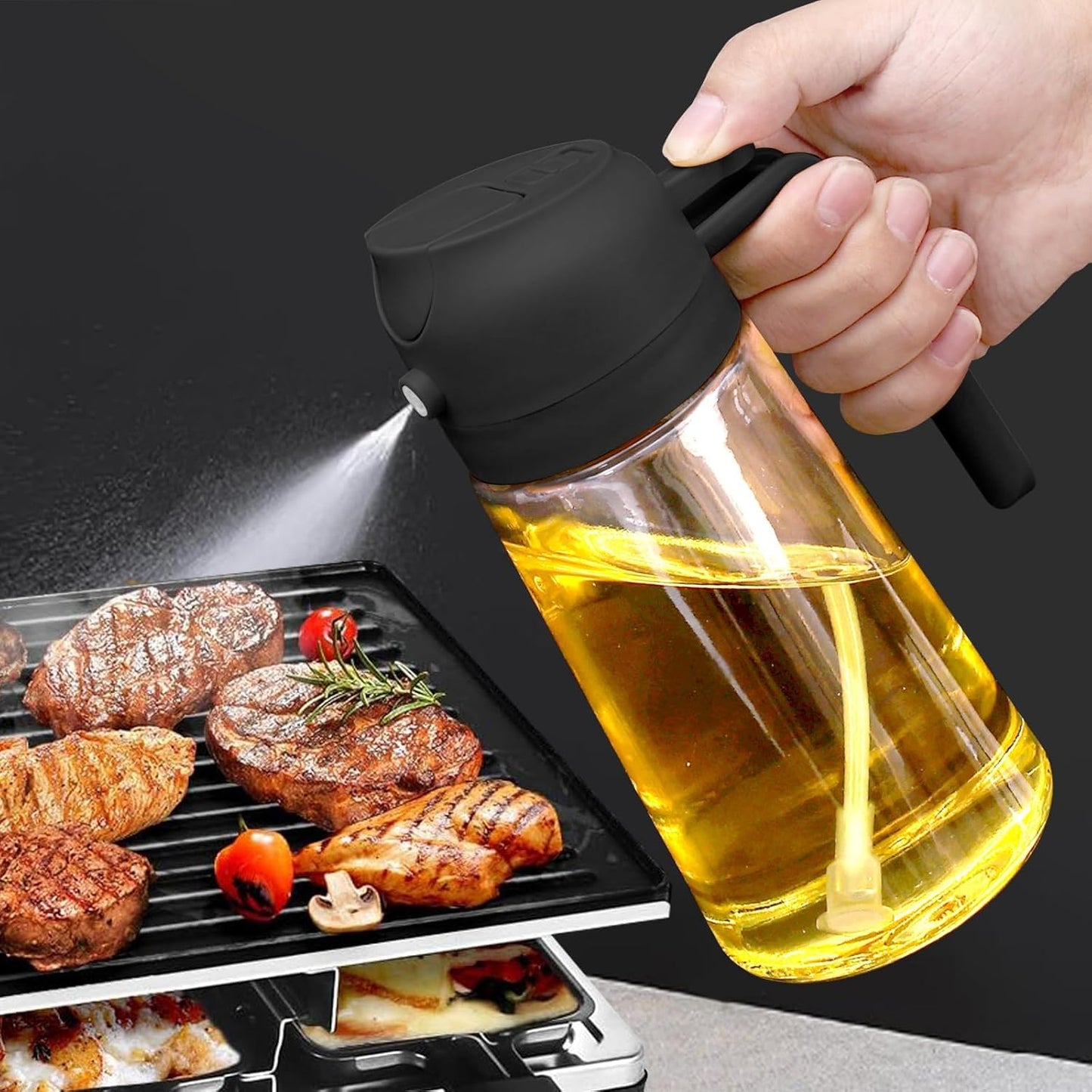 Misamo Enterprise Glass Oil Sprayer and Dispenser Bottle, 500ml Capacity, 2-in-1 Design, Black