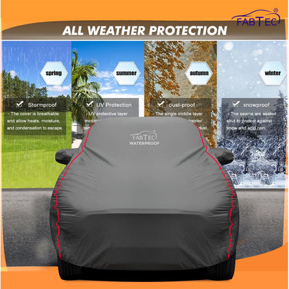 FABTEC Waterproof Premium Car Cover for Maruti Brezza Super Waterproof Car Body Cover Heavy Duty Durable PEVA Grey with Red Piping
